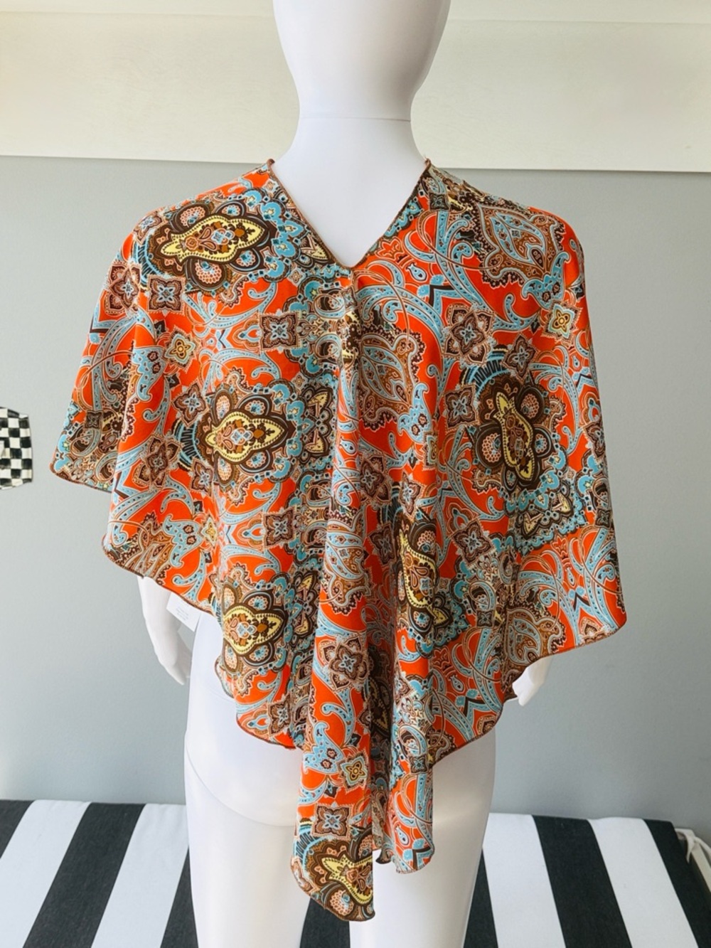 C3 Vibrant Orange & Turquoise Paisley Silk Multi-Style Poncho Top Blouse-1 Size - Picture 9 of 11